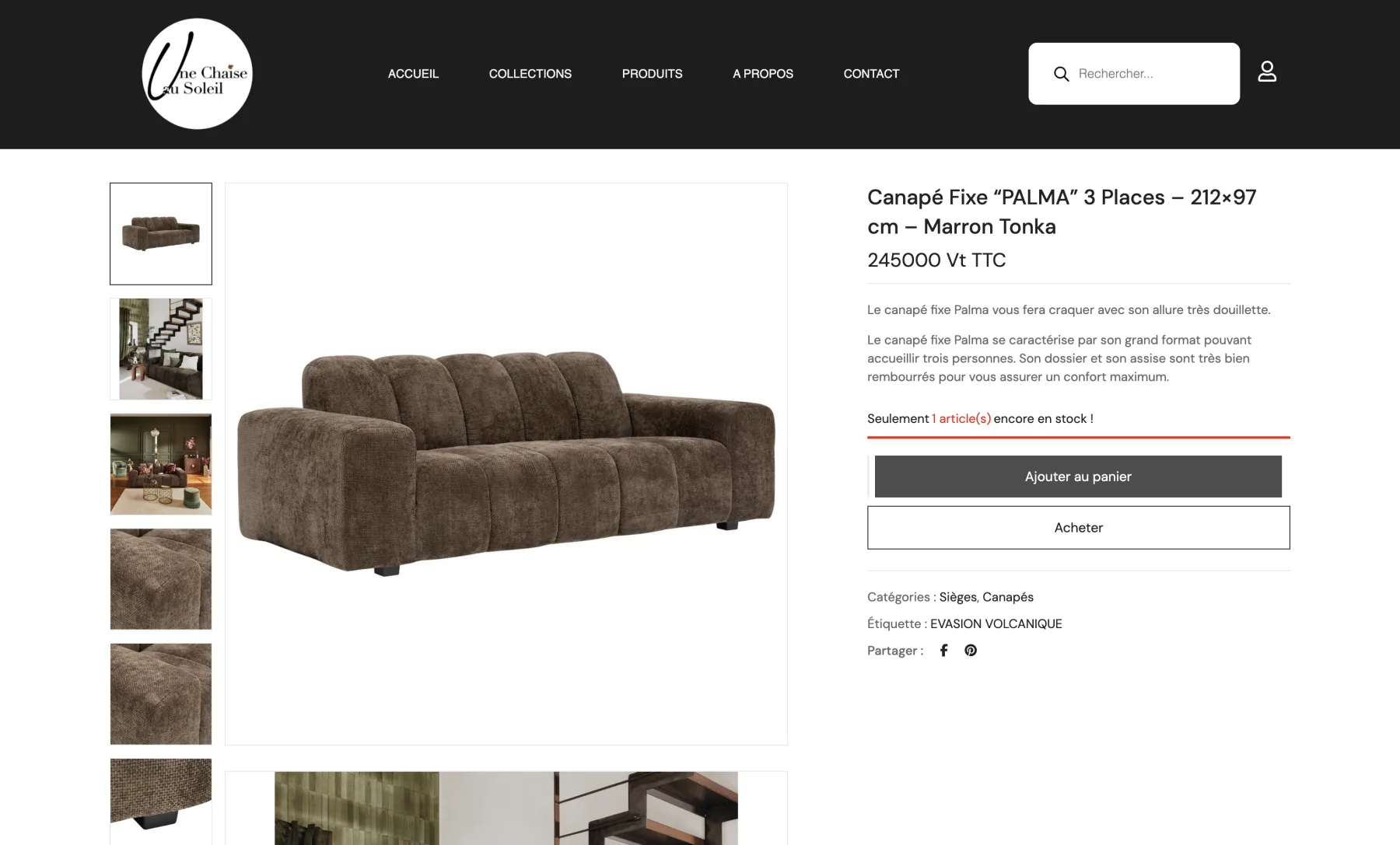 Fiche produit du canapé Palma avec galerie de photos, description, prix, stock et commandes en ligne